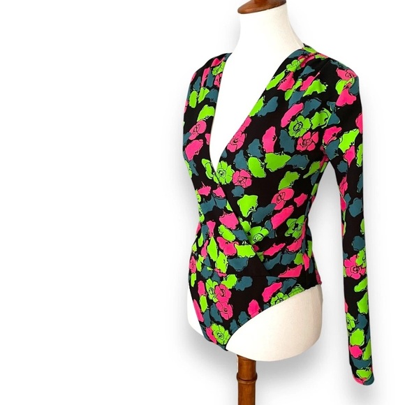 Zara Floral V-Neck Bodysuit - Black, Pink, Green - Picture 1 of 7